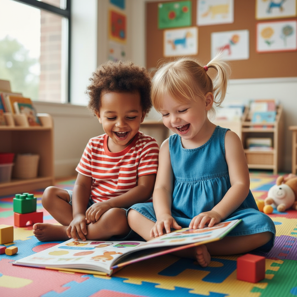 Deux enfants à la crèche têtes rapprochées jouant ensemble avec un livre