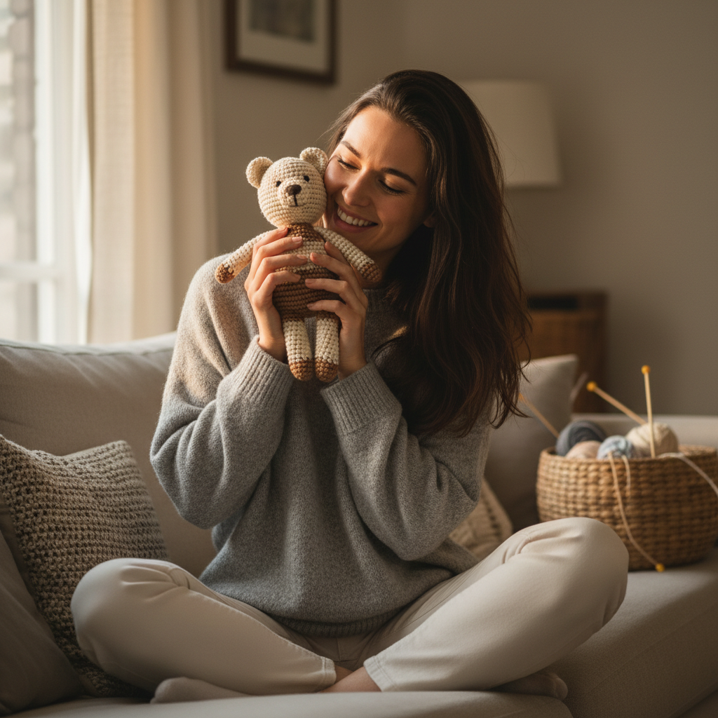 Jeune maman souriante tenant un doudou ours au crochet fait main en coton