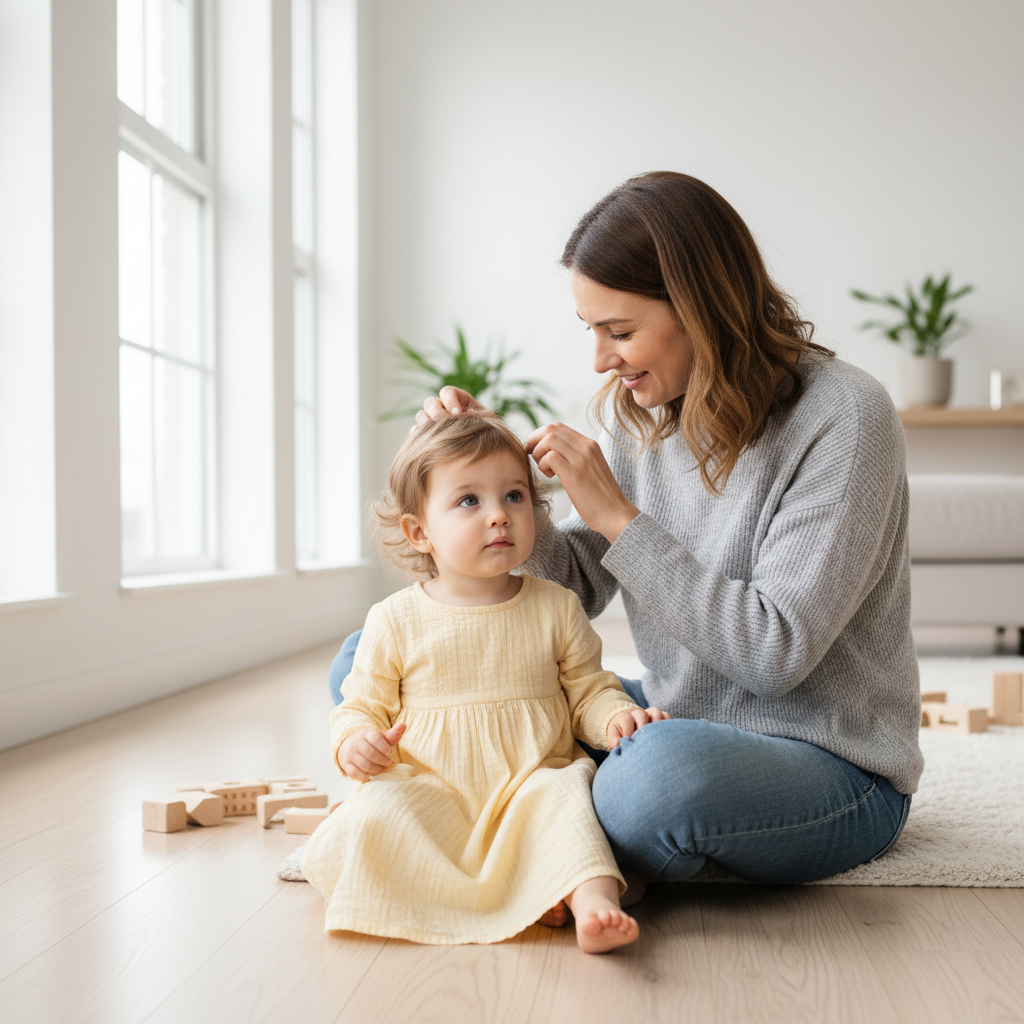 maman verifiant cheveux enfant