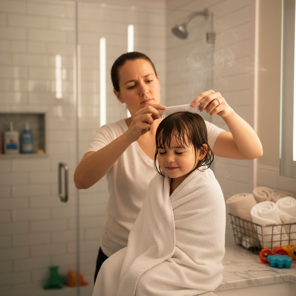 Parent peignant les cheveux mouillés de son enfant avec un peigne fin anti-poux